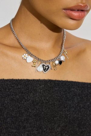 Black / White / Silver Women Garage Vintage Hearts & Pearls Charm Necklaces | A-6835270