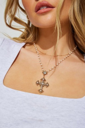 White / Gold Women Garage Set Of 2 Pearl & Cross Rosary Necklaces | A-4562139